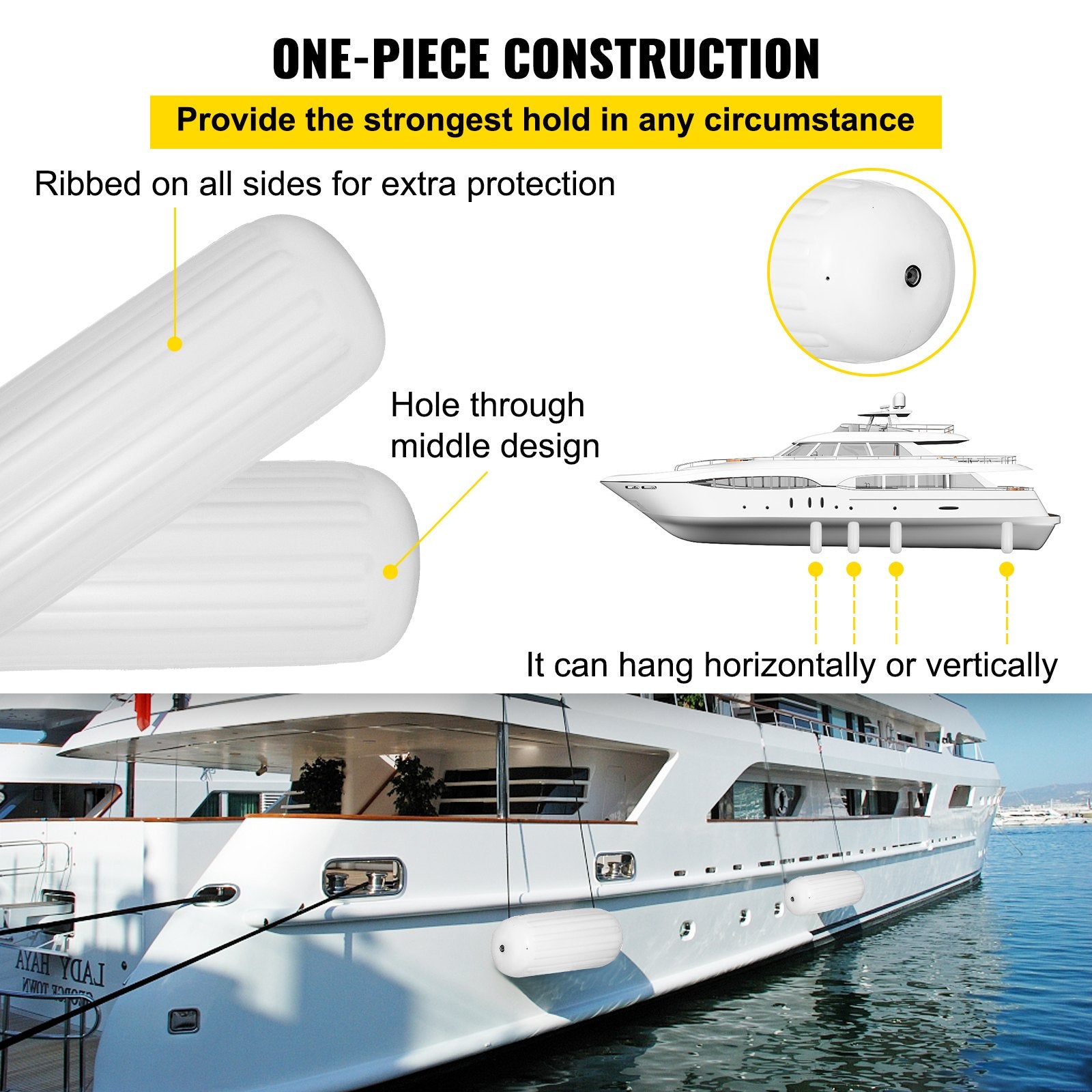 4 Ribbed Boat Fender 10" x 28" White Center Hole Bumper Mooring Protection V952-DNB10X28YCTWBS001V0