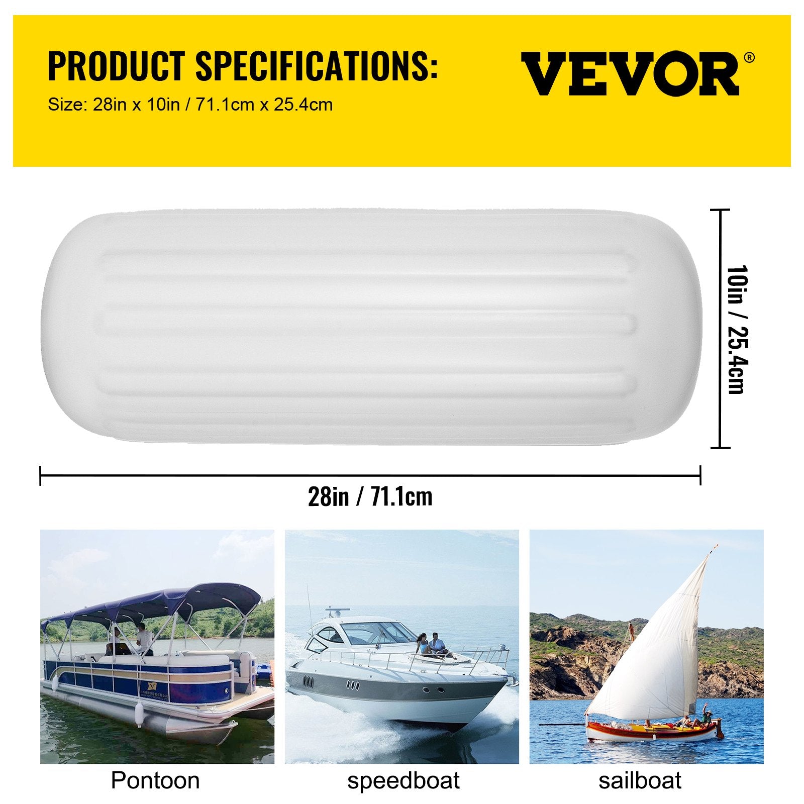 4 Ribbed Boat Fender 10" x 28" White Center Hole Bumper Mooring Protection V952-DNB10X28YCTWBS001V0