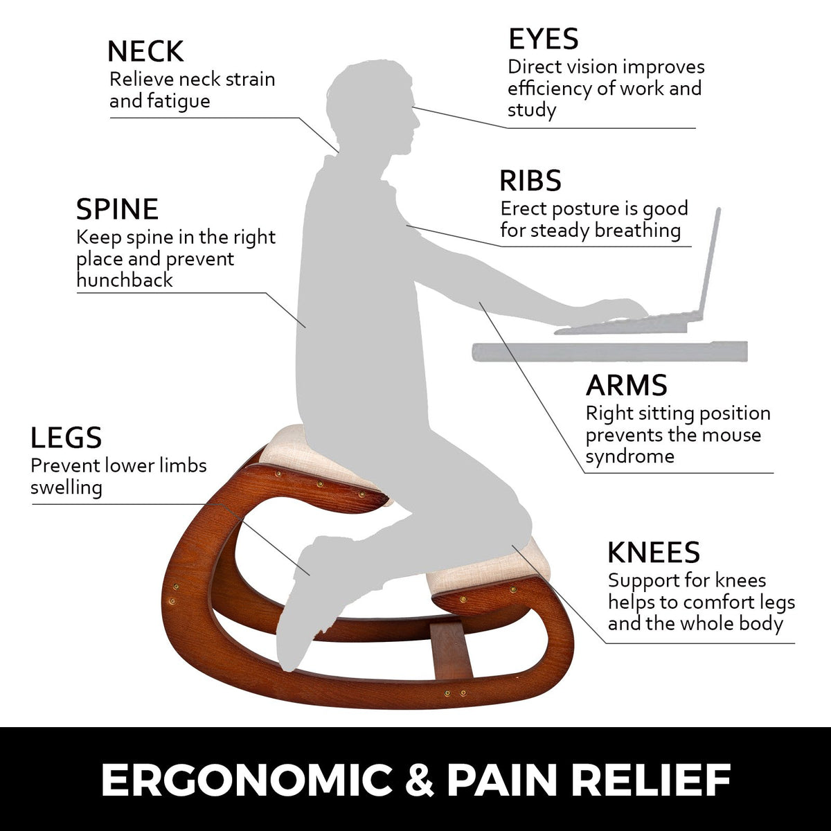 Ergonomic Kneeling Chair Wooden Neck Pain Relief Relieve Fatigue Wood Stool V952-DNGDSHTSKJ0000001V0