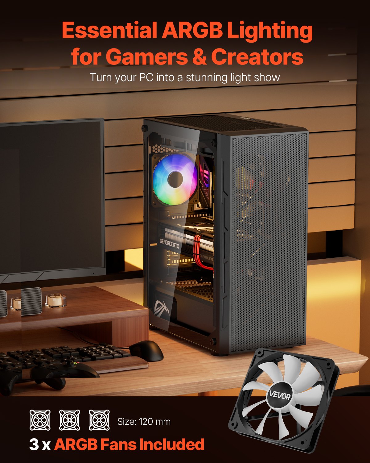 Mid-Tower ATX PC Gaming Case Computer Case Box with 3 x 120 mm ARGB Fans V952-DNJXZT120MMACLSZZ001V9