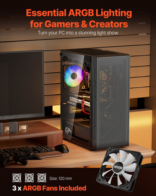 Mid-Tower ATX PC Gaming Case Computer Case Box with 3 x 120 mm ARGB Fans V952-DNJXZT120MMACLSZZ001V9
