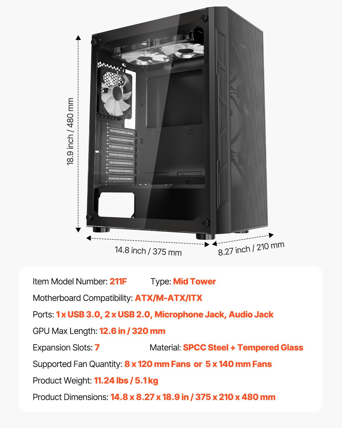 Mid-Tower ATX PC Gaming Case Computer Case Box with 3 x 120 mm ARGB Fans V952-DNJXZT120MMACLSZZ001V9
