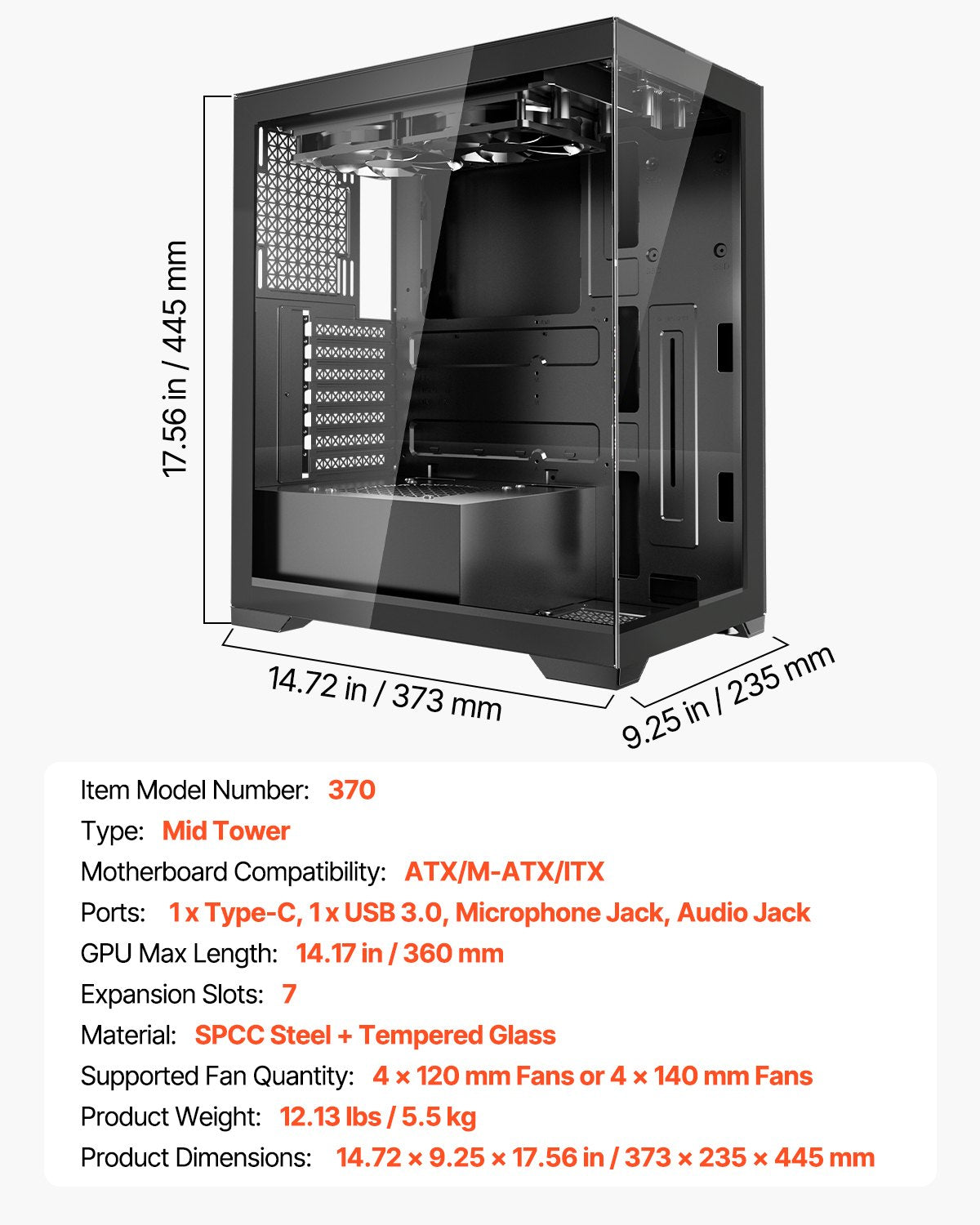PC Gaming Case Mid-Tower Computer Case with 2 Fans for ATX Motherboard V952-DNJXZT120MMBHRVR6001V9