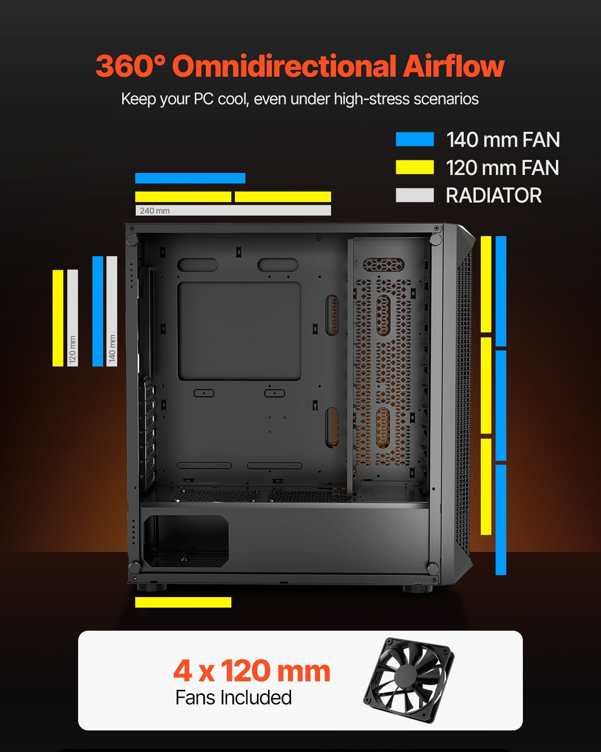 PC Gaming Case, Mid-Tower, Computer Case with High-Airflow Tempered Glass Panel, Dust Filter, 4 x 120 mm V952-DNJXZT120MMBU4Q2Z001V9
