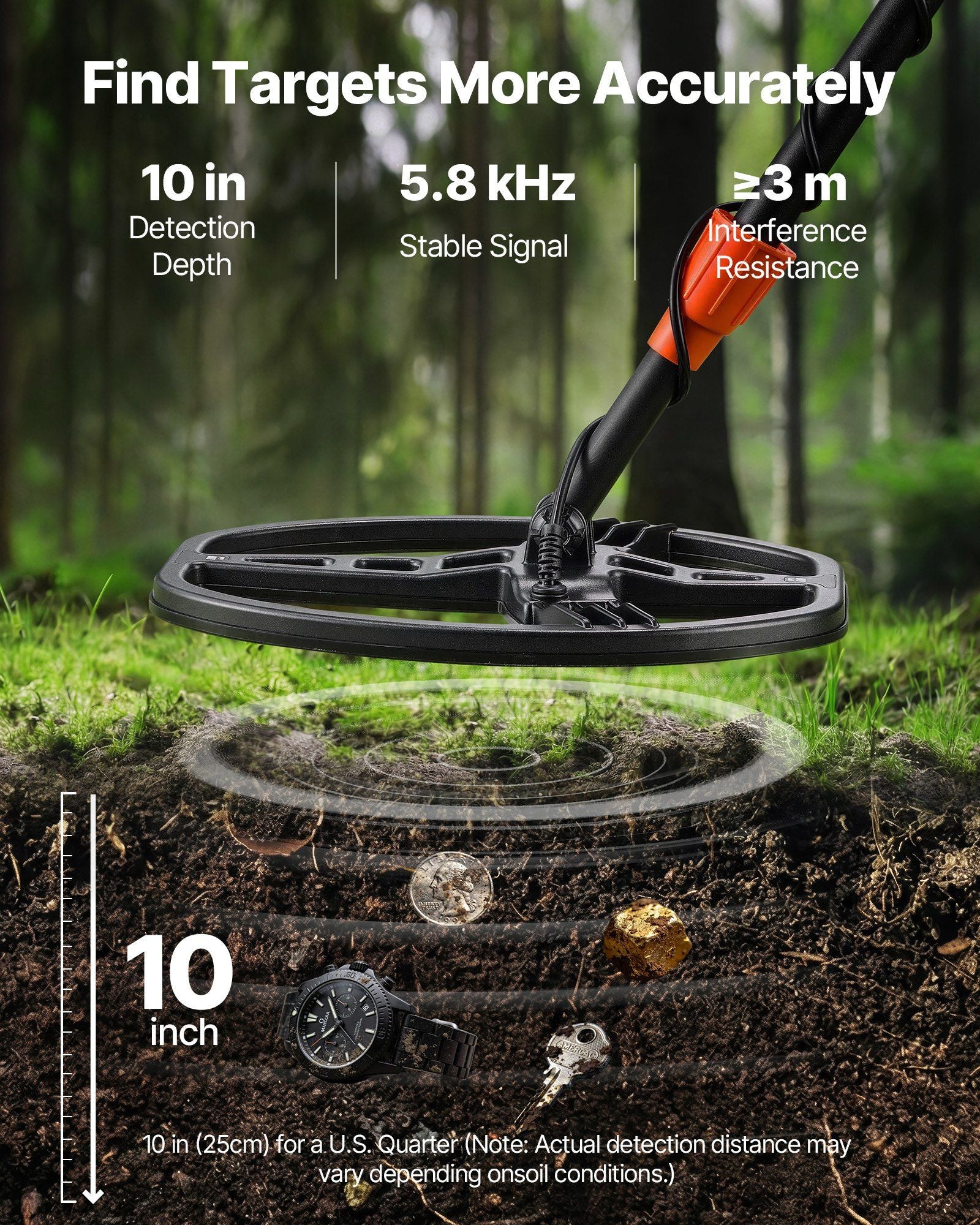 Metal Detector for Adults, 254 mm, Professional High Accuracy Gold Detector, IP68 Waterproof Search Coil with V952-DPJSTCQJB10ID7GHN001V9