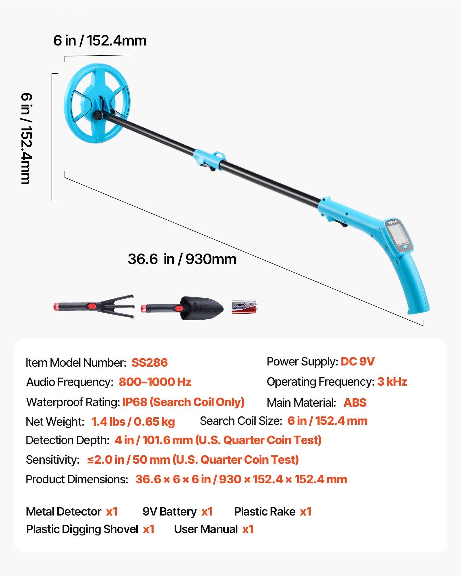 Metal Detector, 101.6 mm, Lightweight Metal Detector with LCD Display, 152.4 mm IP68 Waterproof Search Coil, V952-DPJSTCQJB4INF1RYZ001V9