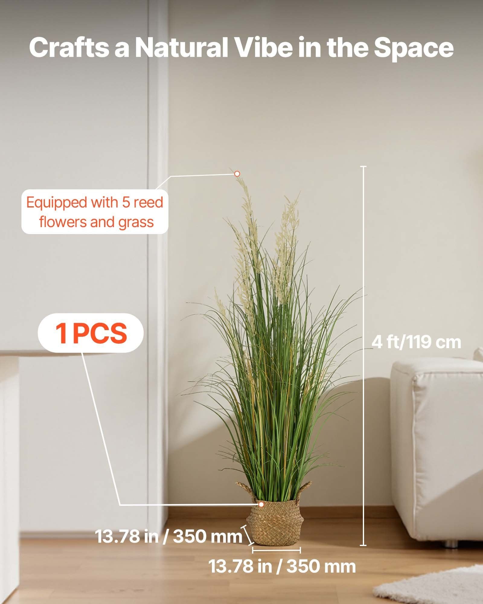 Artificial Grass Plant, 1194mm Reed Flower Grass in Pot, Premium PVC Faux Fake Greenery Shrubs Plant for V952-DPKLWHLS47INJTAC5001V0