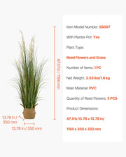 Artificial Grass Plant, 1194mm Reed Flower Grass in Pot, Premium PVC Faux Fake Greenery Shrubs Plant for V952-DPKLWHLS47INJTAC5001V0