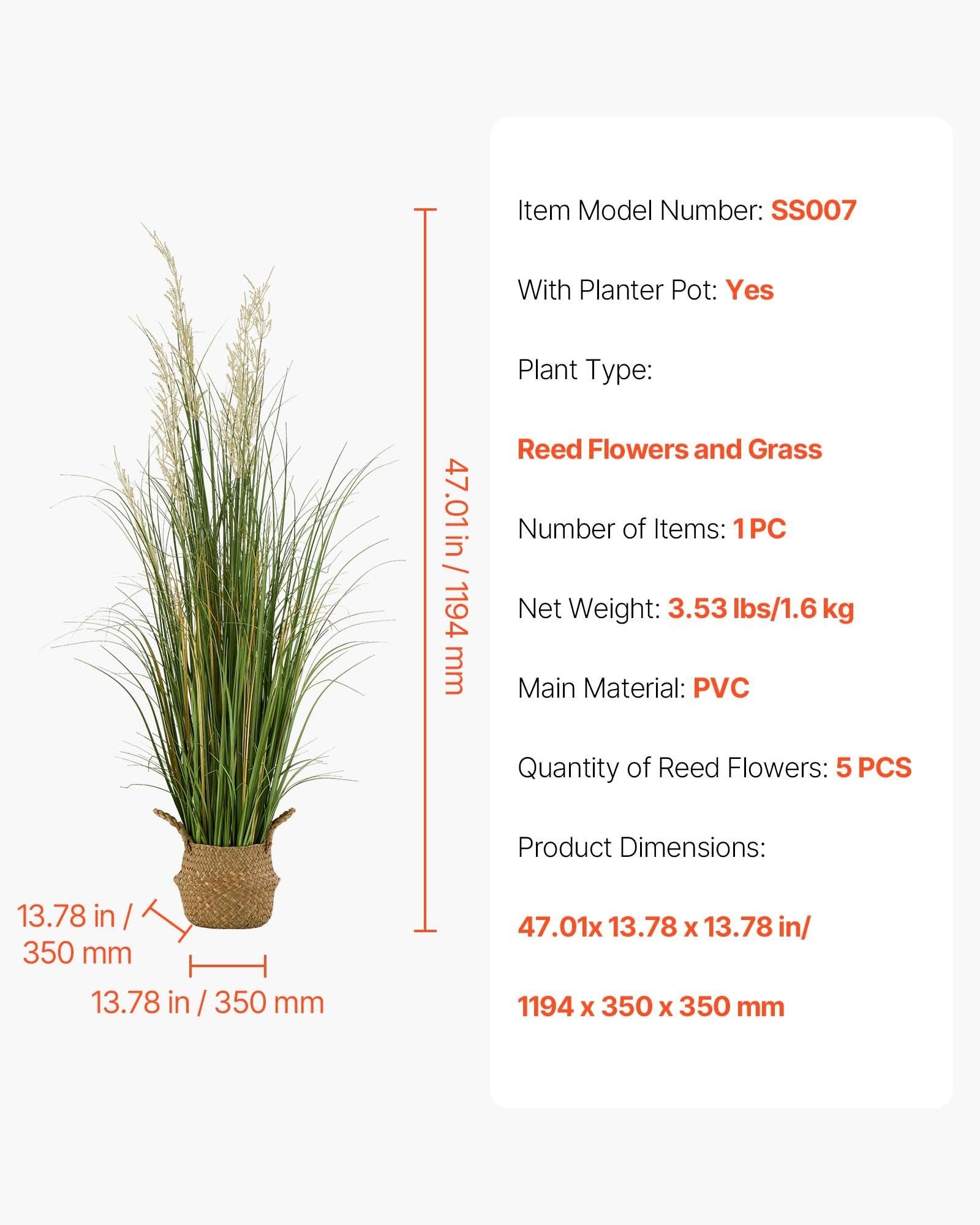 Artificial Grass Plant, 1194mm Reed Flower Grass in Pot, Premium PVC Faux Fake Greenery Shrubs Plant for V952-DPKLWHLS47INJTAC5001V0