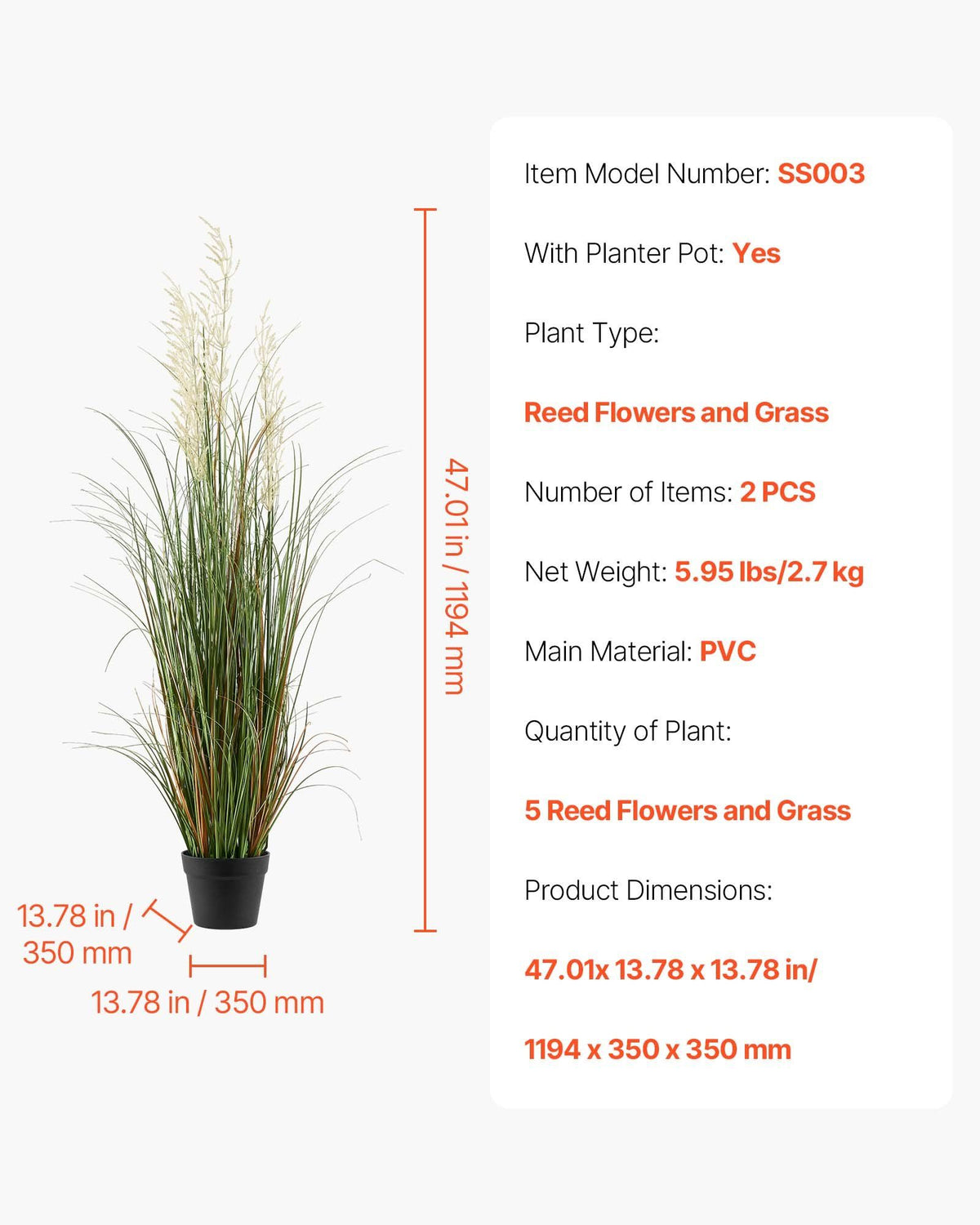 Artificial Grass Plant, 2 Pack 1194mm Reed Flower Grass in Pot, Premium PVC Faux Fake Greenery Shrubs Plant V952-DPKLWHLS47INM48C5001V0