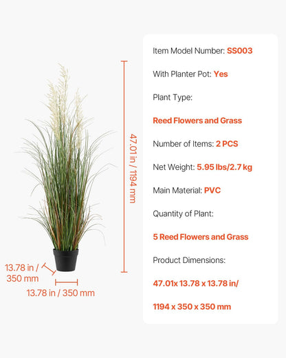 Artificial Grass Plant, 2 Pack 1194mm Reed Flower Grass in Pot, Premium PVC Faux Fake Greenery Shrubs Plant V952-DPKLWHLS47INM48C5001V0