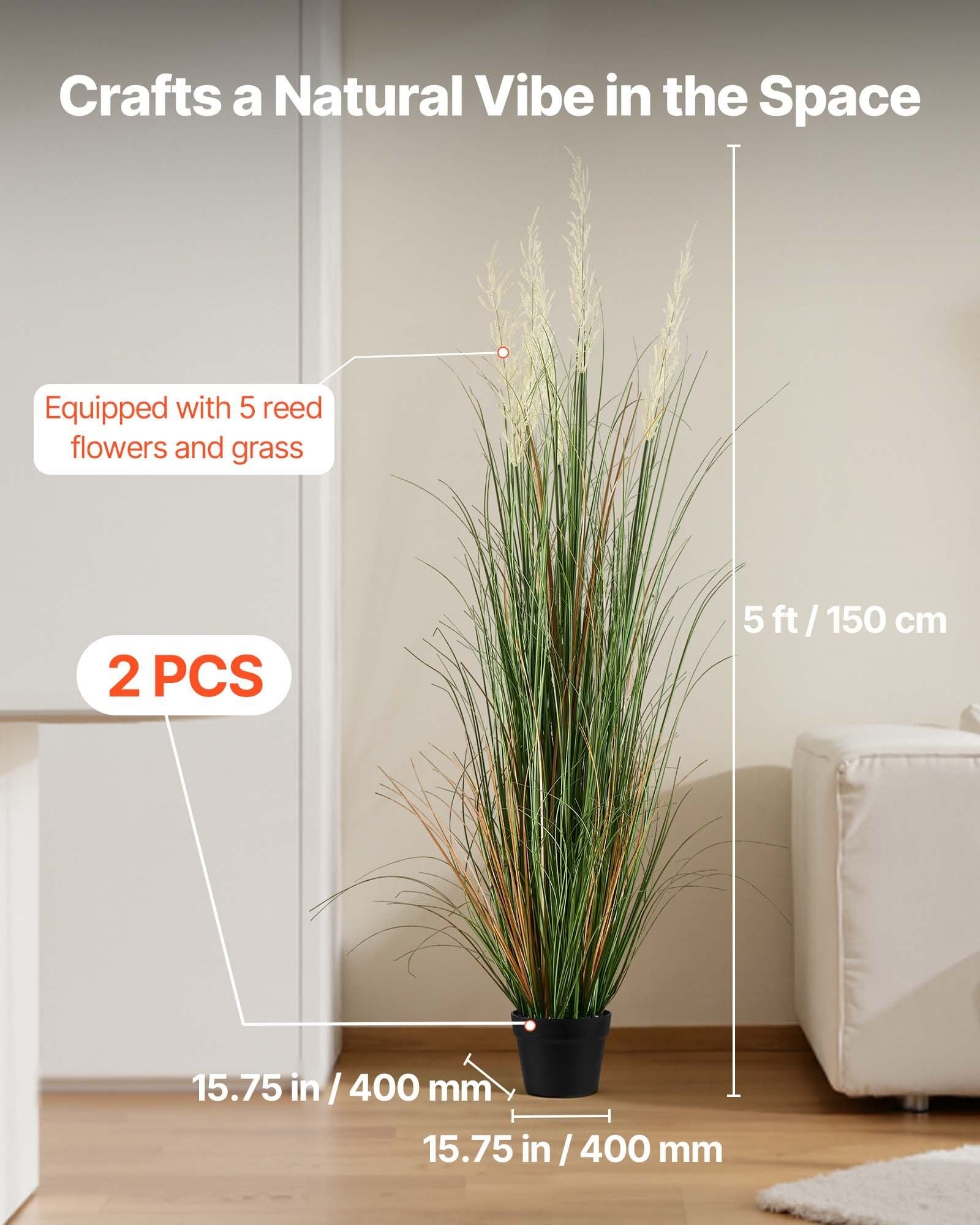 Artificial Grass Plant, 2 Pack 1499mm Faux Reed Flower Grass in Pot, Premium PVC Fake Greenery Shrubs Plant V952-DPKLWHLS59IND2ABK001V0