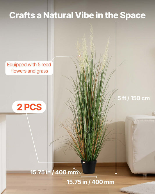 Artificial Grass Plant, 2 Pack 1499mm Faux Reed Flower Grass in Pot, Premium PVC Fake Greenery Shrubs Plant V952-DPKLWHLS59IND2ABK001V0