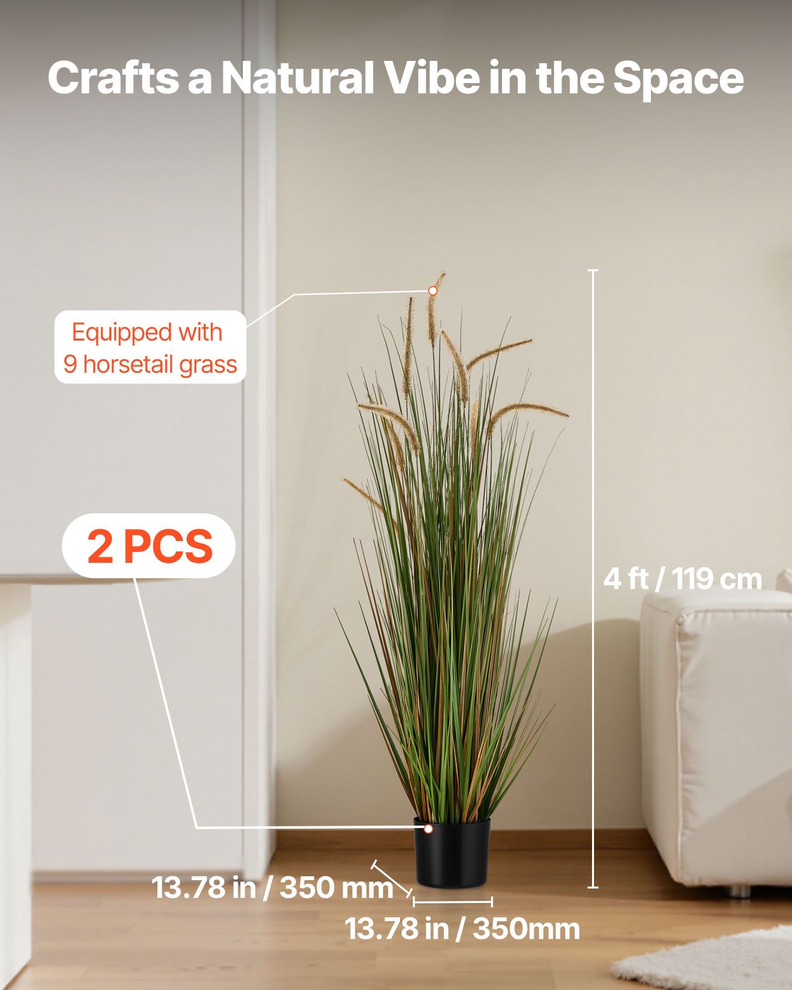 Artificial Grass Plant, 2 Pack 1194mm Horsetail Reed Grass in Pot, Premium PVC Faux Fake Greenery Shrubs V952-DPKMWCLS47INQSMT0001V0