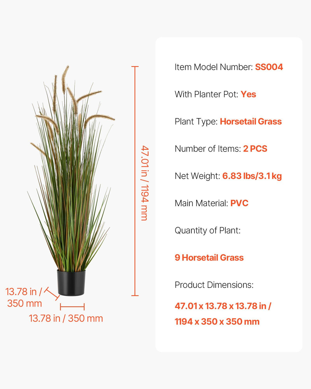 Artificial Grass Plant, 2 Pack 1194mm Horsetail Reed Grass in Pot, Premium PVC Faux Fake Greenery Shrubs V952-DPKMWCLS47INQSMT0001V0