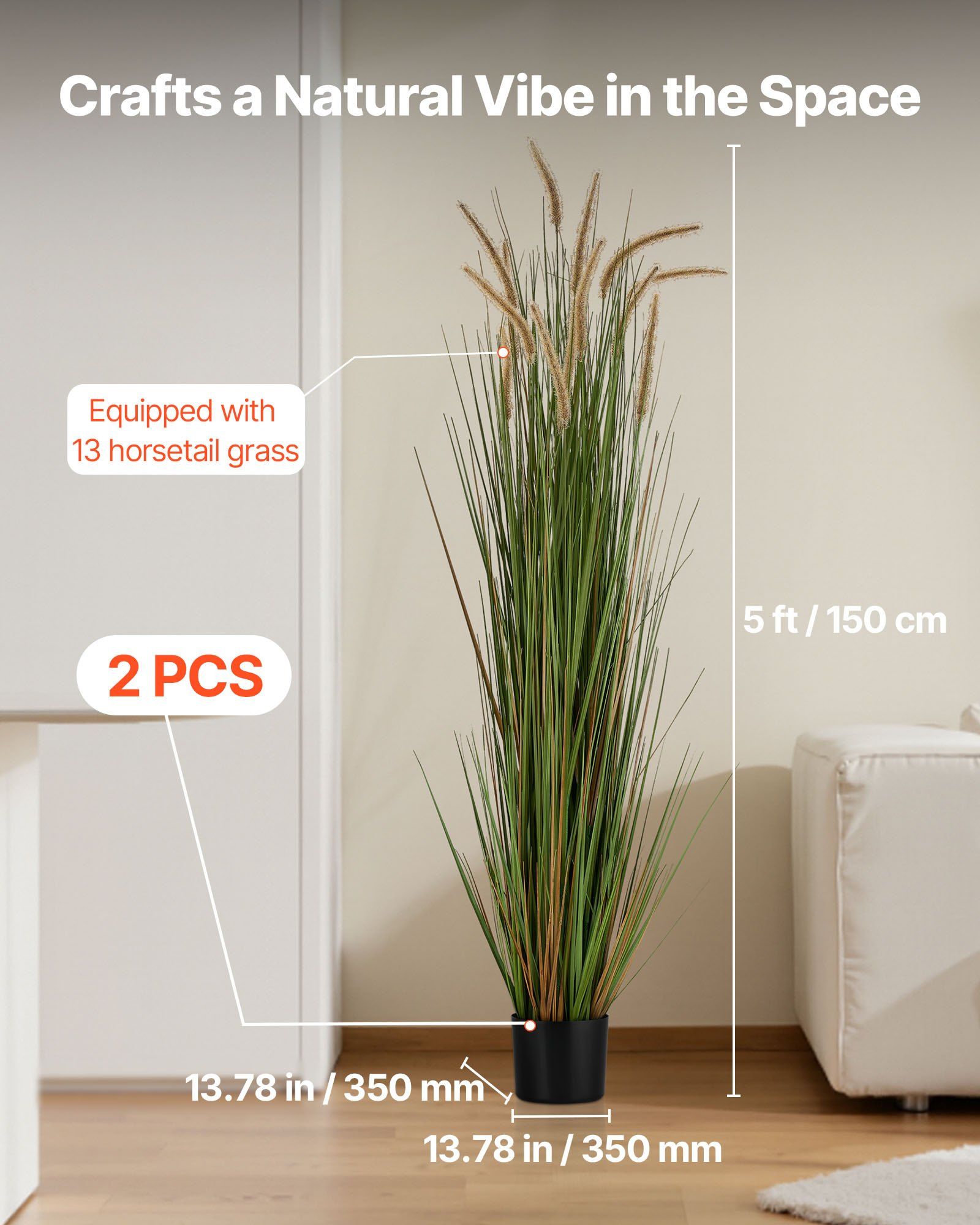 Artificial Grass Plant, 2 Pack 1499mm Horsetail Reed Grass in Pot, Premium PVC Faux Fake Greenery Shrubs V952-DPKMWCLS59INN4HXO001V0