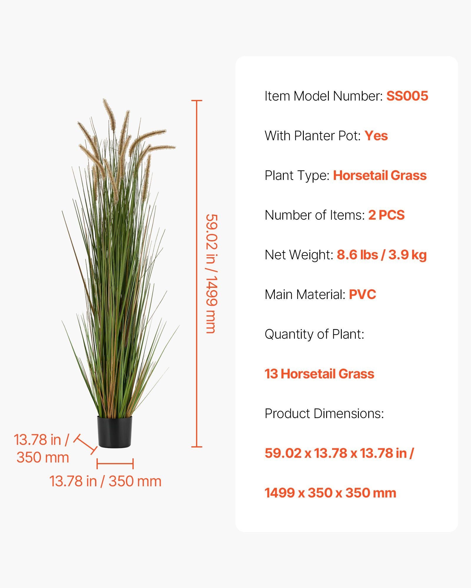 Artificial Grass Plant, 2 Pack 1499mm Horsetail Reed Grass in Pot, Premium PVC Faux Fake Greenery Shrubs V952-DPKMWCLS59INN4HXO001V0