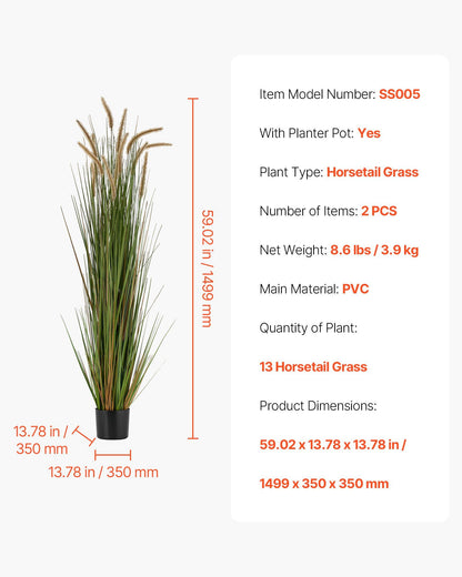 Artificial Grass Plant, 2 Pack 1499mm Horsetail Reed Grass in Pot, Premium PVC Faux Fake Greenery Shrubs V952-DPKMWCLS59INN4HXO001V0