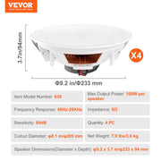 4 PCs 203.2 mm in Ceiling Speakers, 100-Watts, Flush Mount Ceiling & in-Wall Speakers System with V952-DPXDYSQ8YCSZTSBN5V9
