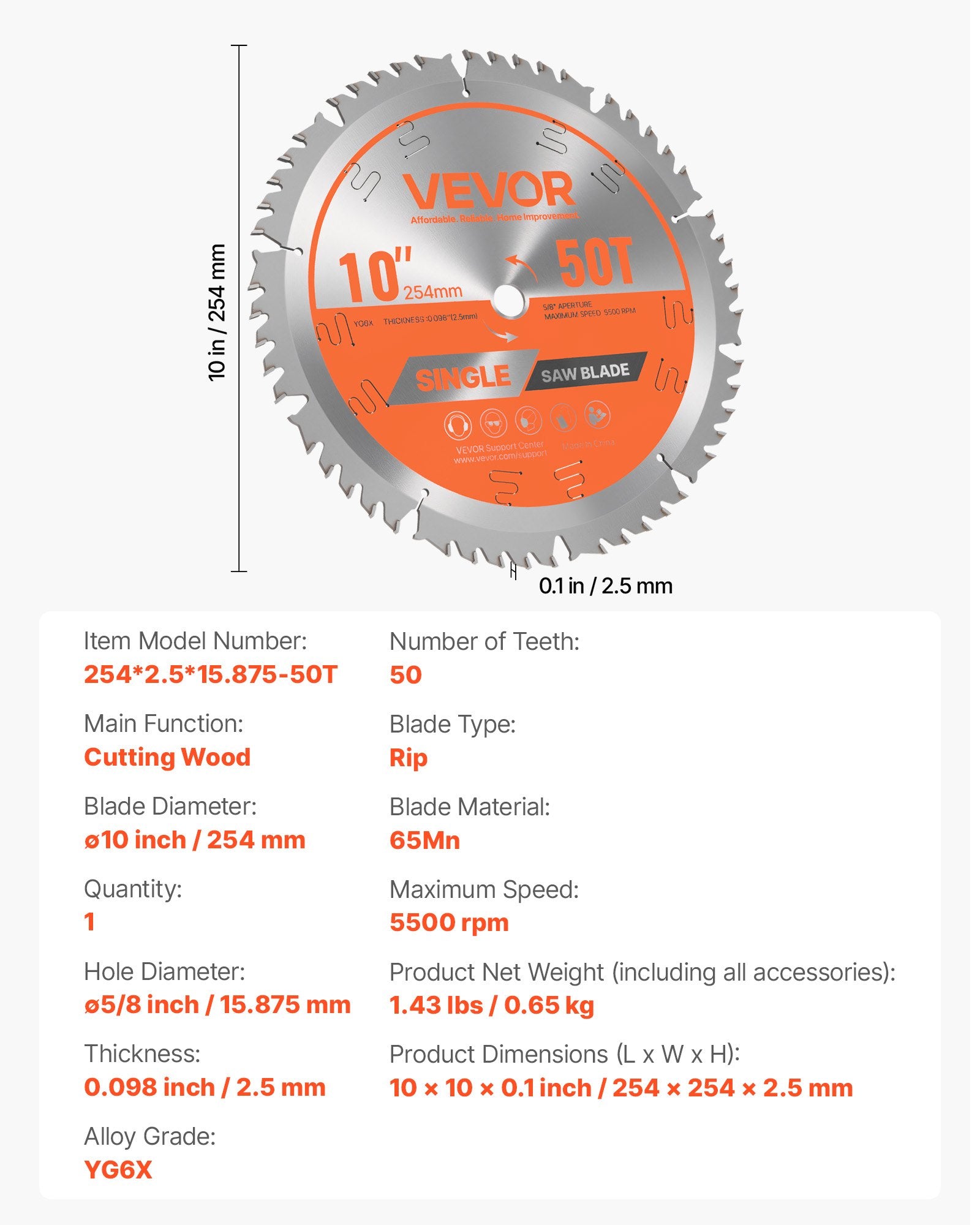 Circular Saw Blade, 254 mm Diameter, 50 Sharp Alloy Teeth, 15.875 mm Arbor, Fine Finish, Wood Cutting Blade V952-DPYJPDPQMZP2APV6I001V0