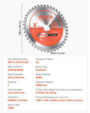 Circular Saw Blade, 203 mm Diameter, 42 Sharp Alloy Teeth, 25.4mm Arbor, Fine Finish, Wood Cutting Blade for V952-DPYJPDPQMZP2PIFMS001V0