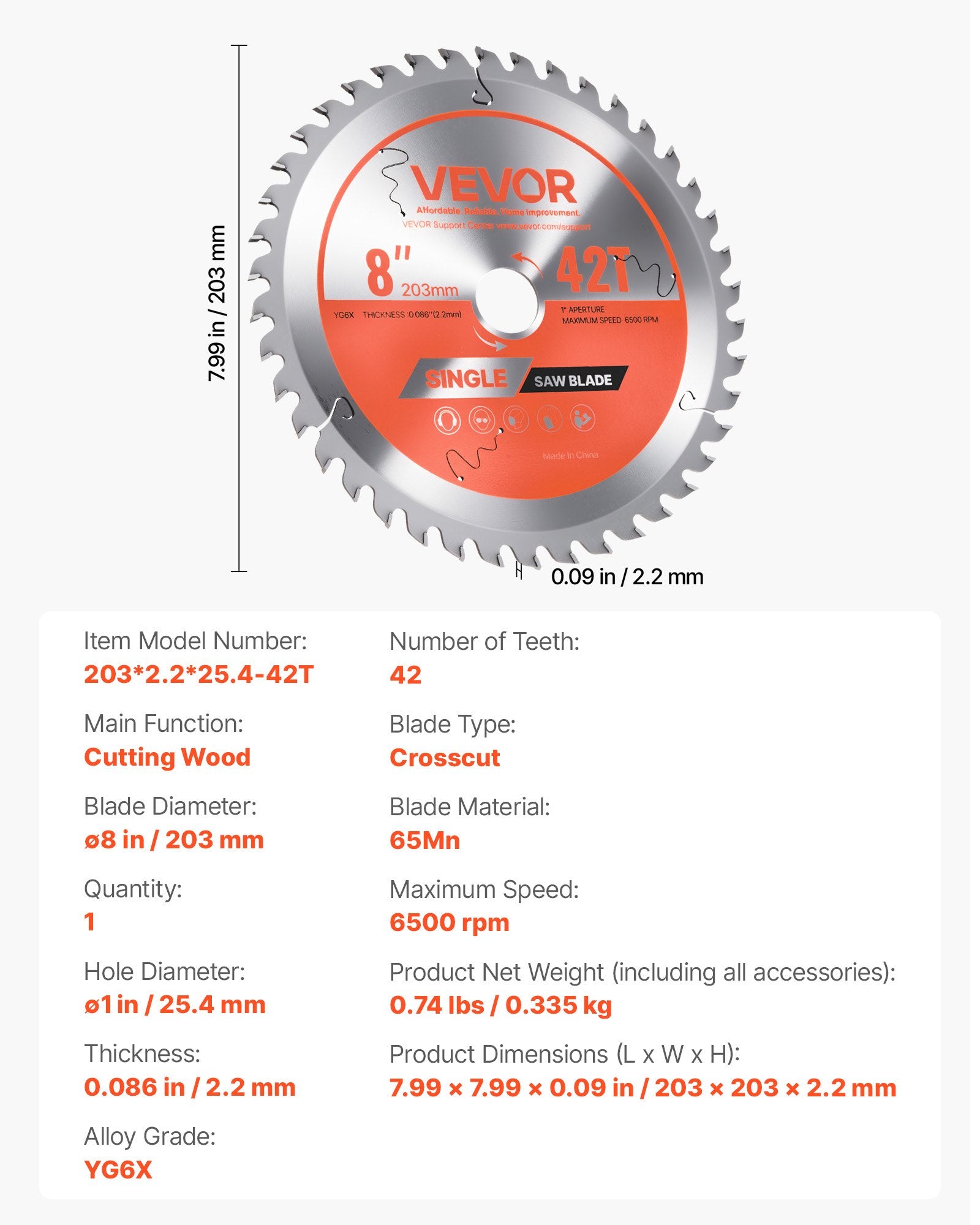 Circular Saw Blade, 203 mm Diameter, 42 Sharp Alloy Teeth, 25.4mm Arbor, Fine Finish, Wood Cutting Blade for V952-DPYJPDPQMZP2PIFMS001V0