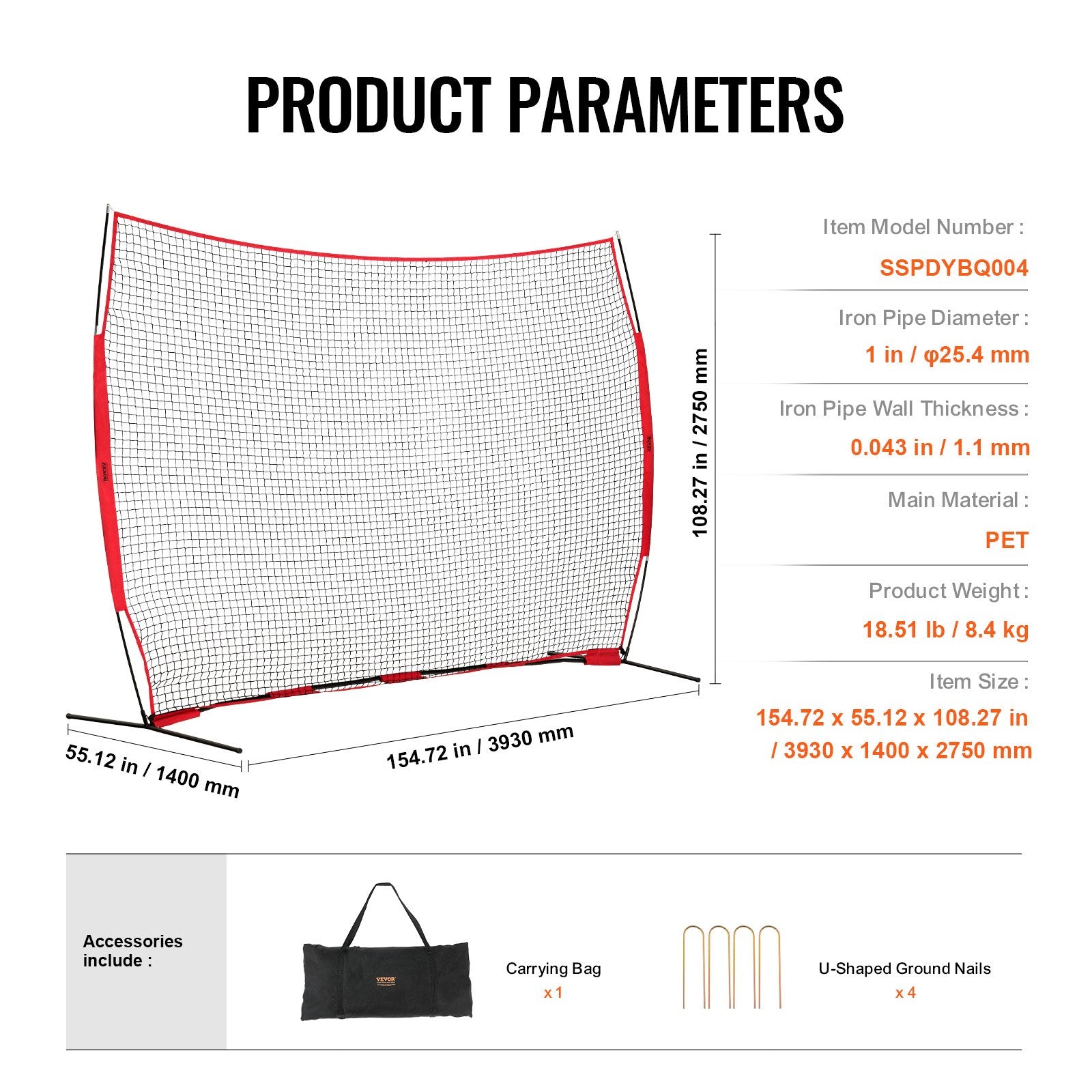 Barricade Backstop Net, 12x9 ft Ball Sports Barrier Netting, Portable Practice Equipment with Carry Bag, V952-DQW129YC0000YT8NIV0