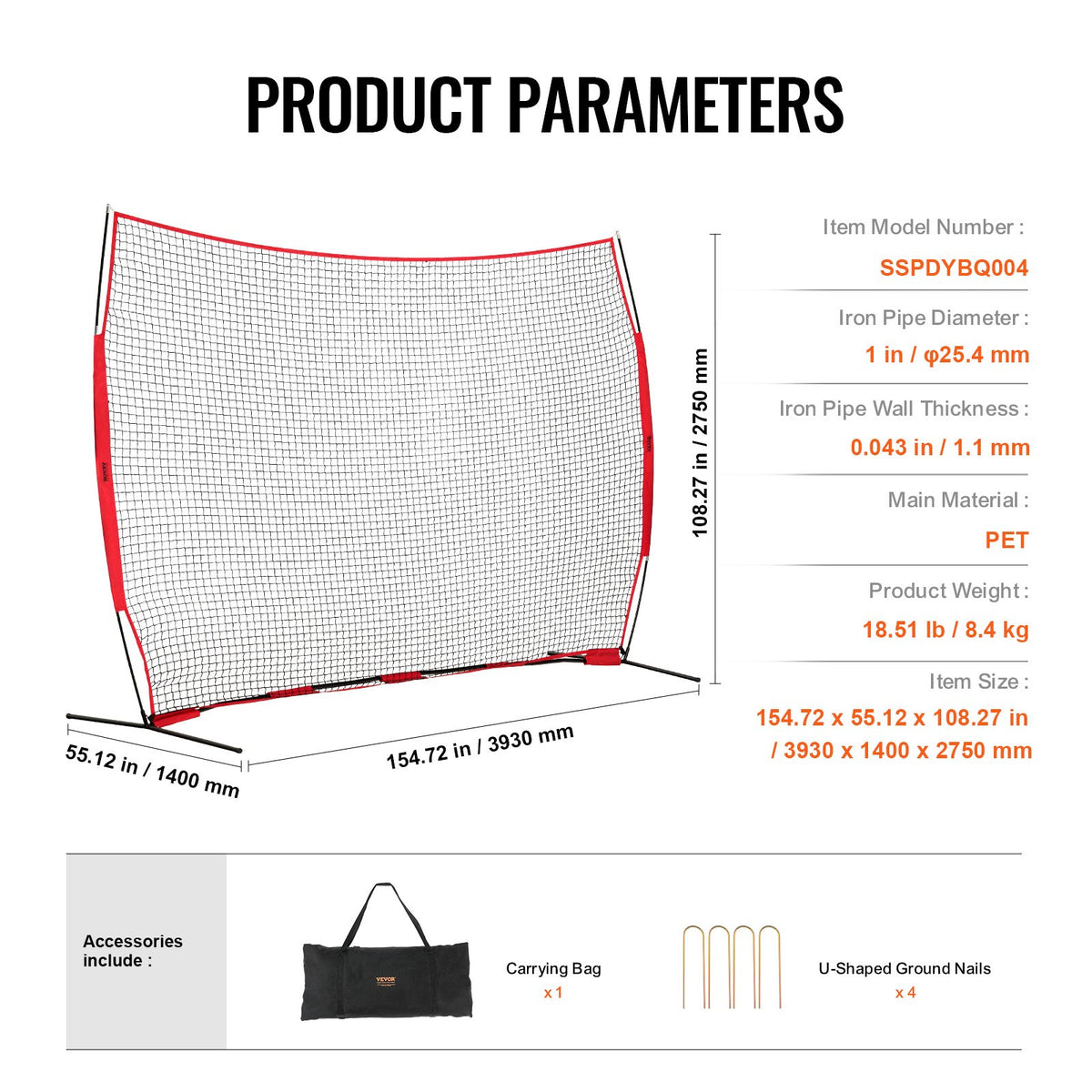 Barricade Backstop Net, 12x9 ft Ball Sports Barrier Netting, Portable Practice Equipment with Carry Bag, V952-DQW129YC0000YT8NIV0