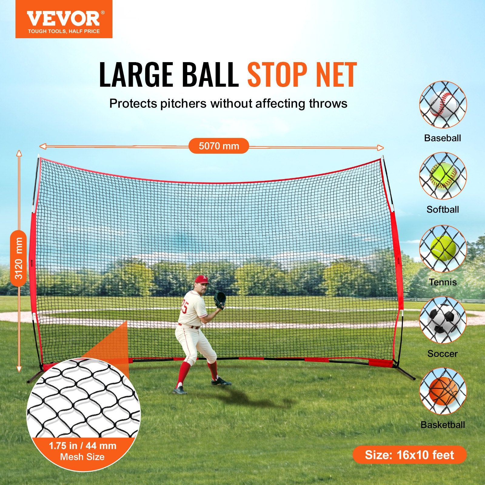Barricade Backstop Net, 16x10 ft Ball Sports Barrier Netting, Portable Practice Equipment with Carry Bag, V952-DQW1610YC000DU462V0