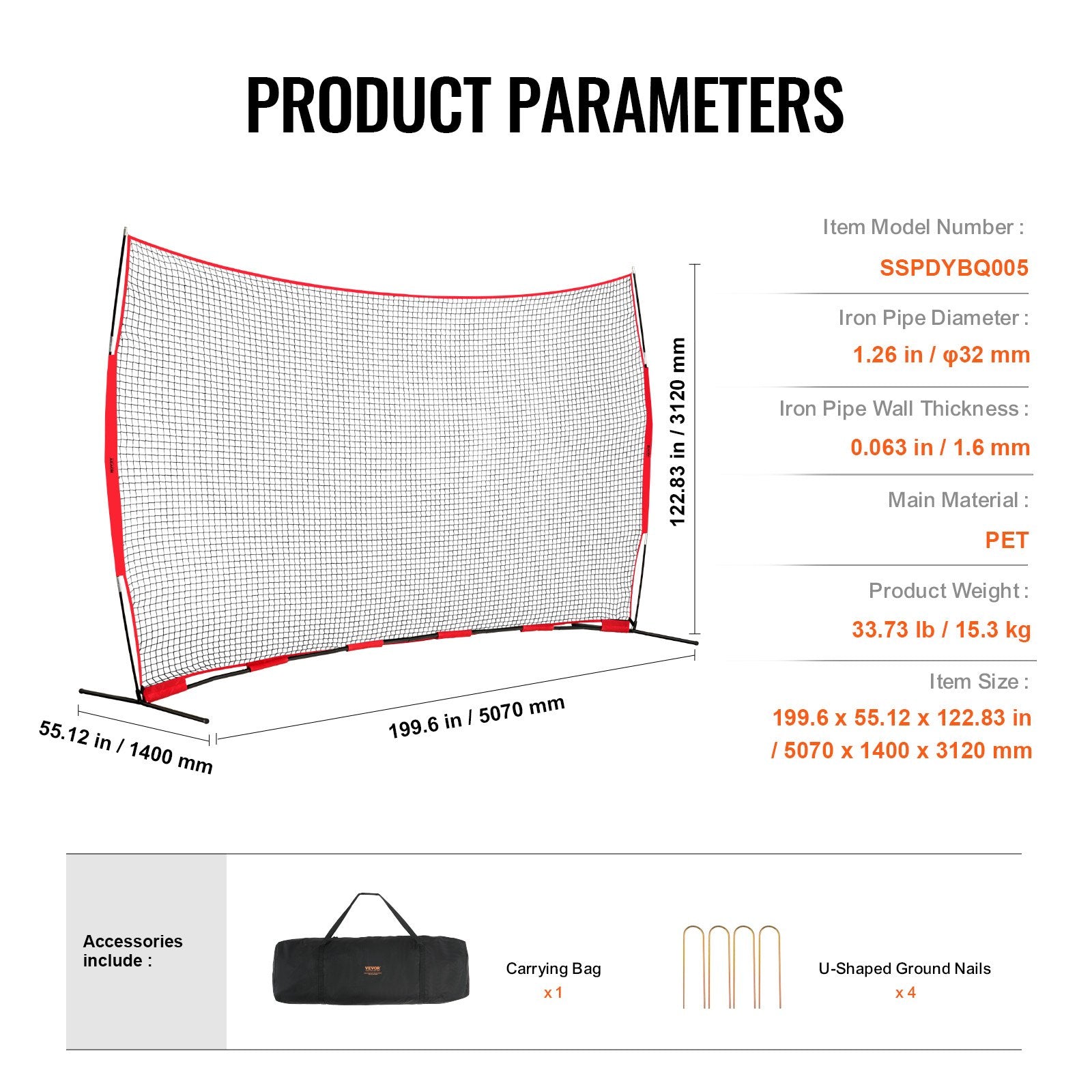 Barricade Backstop Net, 16x10 ft Ball Sports Barrier Netting, Portable Practice Equipment with Carry Bag, V952-DQW1610YC000DU462V0