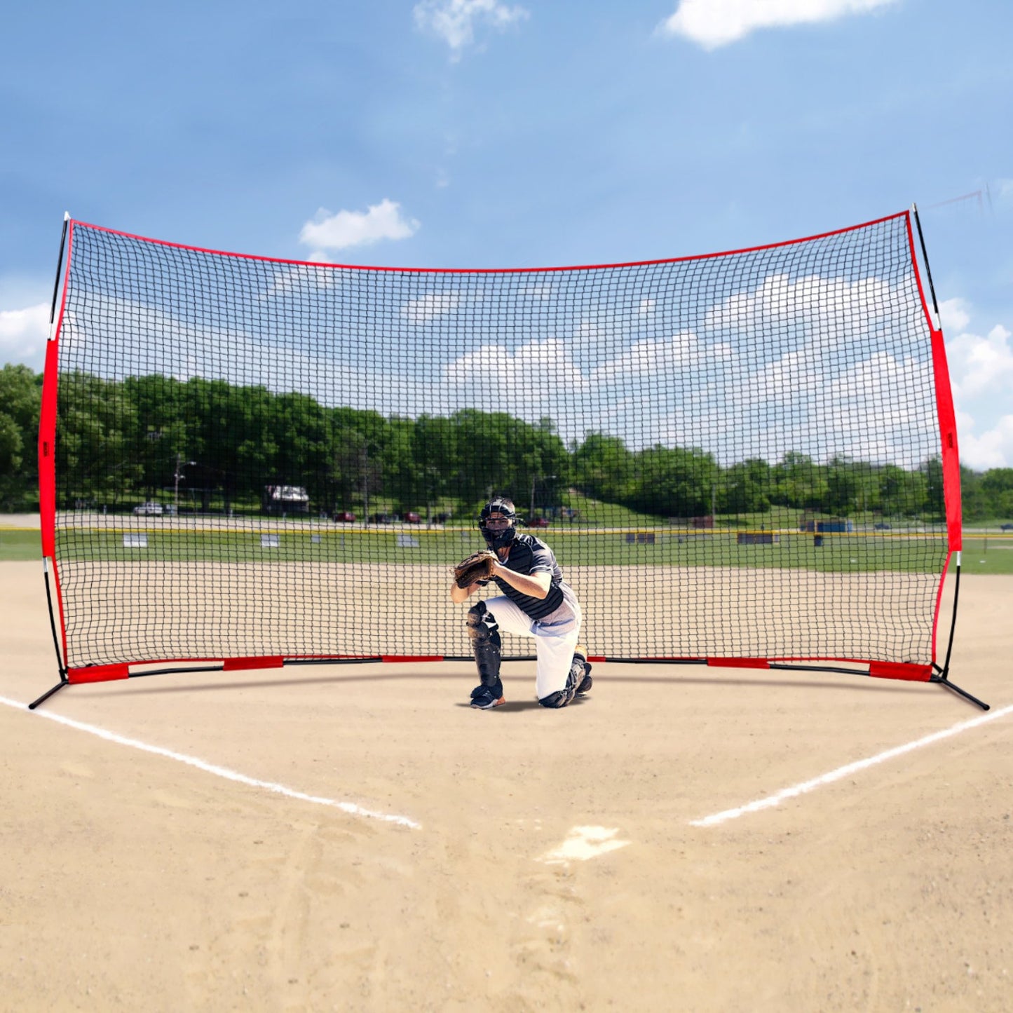 Barricade Backstop Net, 16x10 ft Ball Sports Barrier Netting, Portable Practice Equipment with Carry Bag, V952-DQW1610YC000DU462V0