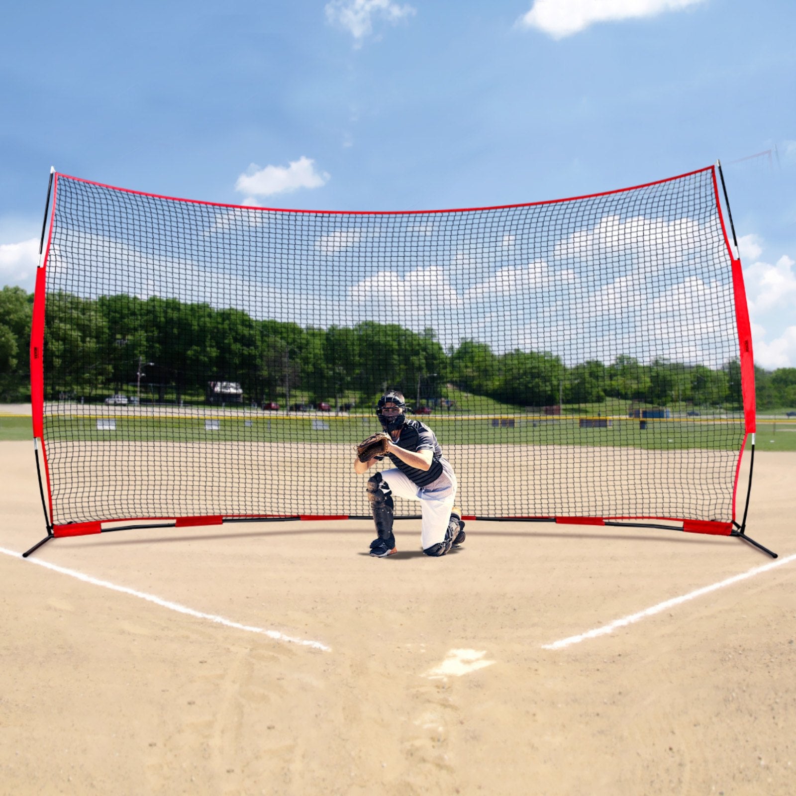 Barricade Backstop Net, 16x10 ft Ball Sports Barrier Netting, Portable Practice Equipment with Carry Bag, V952-DQW1610YC000DU462V0
