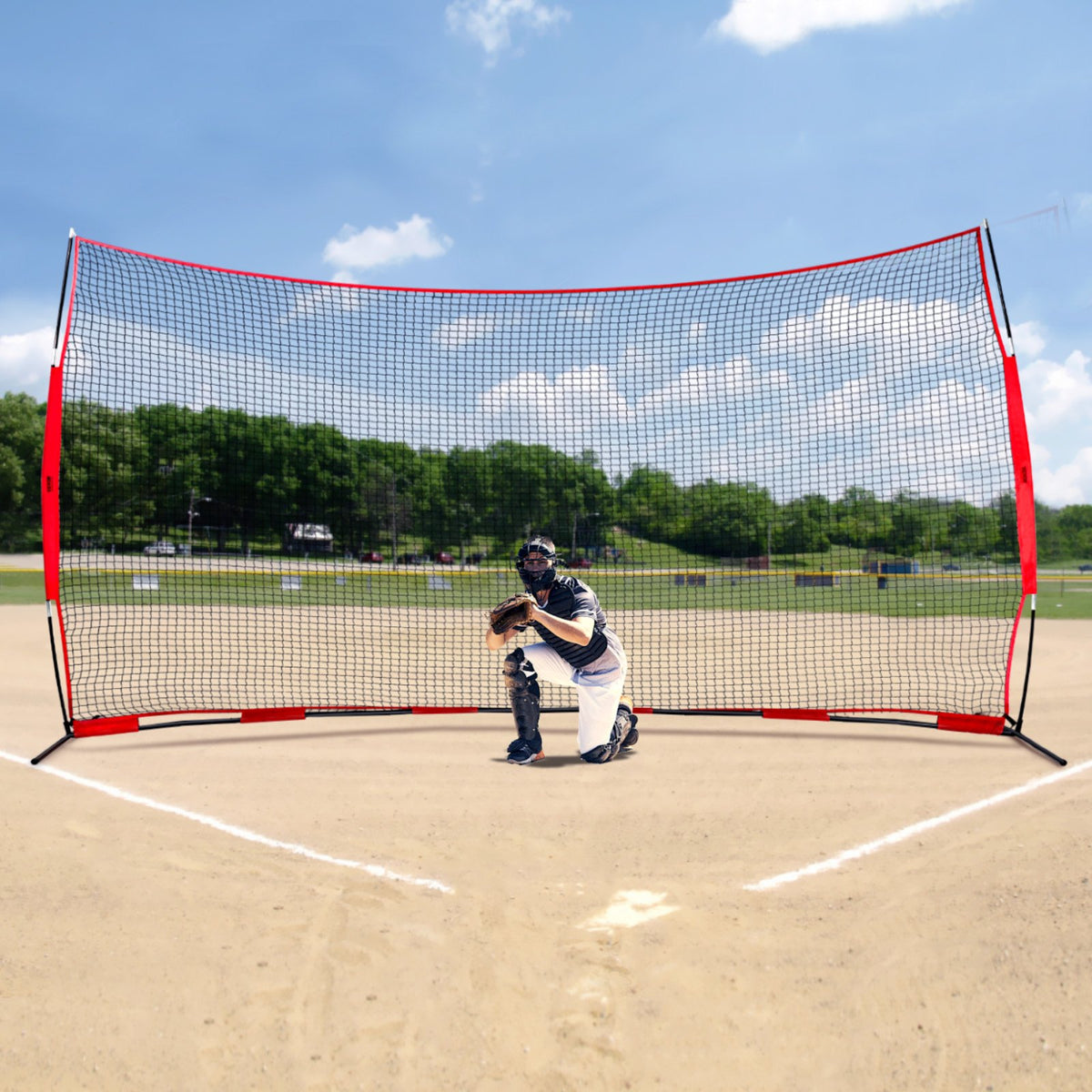 Barricade Backstop Net, 16x10 ft Ball Sports Barrier Netting, Portable Practice Equipment with Carry Bag, V952-DQW1610YC000DU462V0