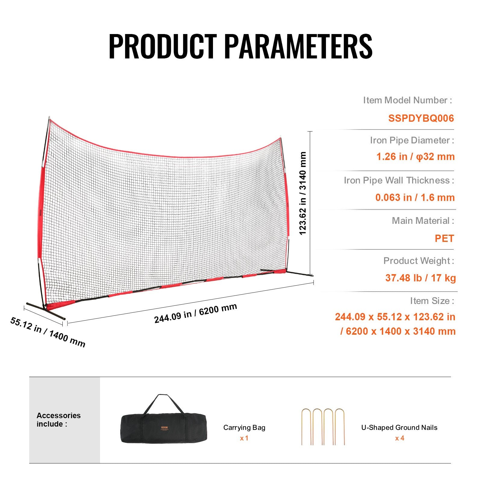 Barricade Backstop Net, 20x10 ft Ball Sports Barrier Netting, Portable Practice Equipment with Carry Bag, V952-DQW2010YC000EHXS0V0
