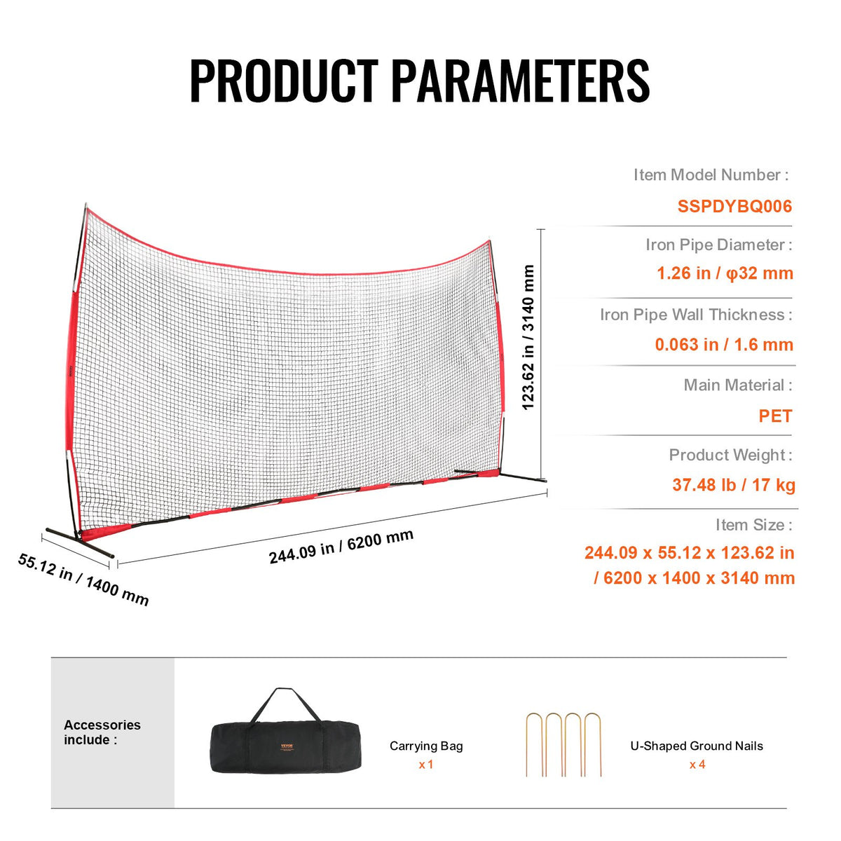 Barricade Backstop Net, 20x10 ft Ball Sports Barrier Netting, Portable Practice Equipment with Carry Bag, V952-DQW2010YC000EHXS0V0