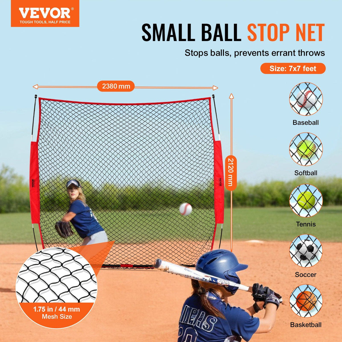 Barricade Backstop Net, 7x7 ft Ball Sports Barrier Netting, Portable Practice Equipment with Carry Bag, V952-DQW77YC00000P85CUV0