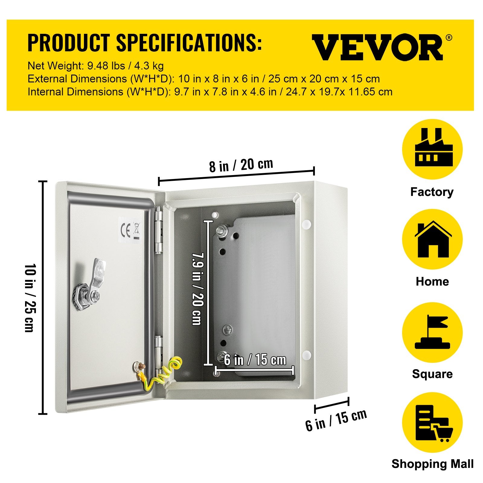 NEMA Steel Enclosure, 25 x 20 x 15 cm NEMA 4X Steel Electrical Box, IP66 Waterproof & Dustproof, V952-DQXJSTCFS25X20X15V0