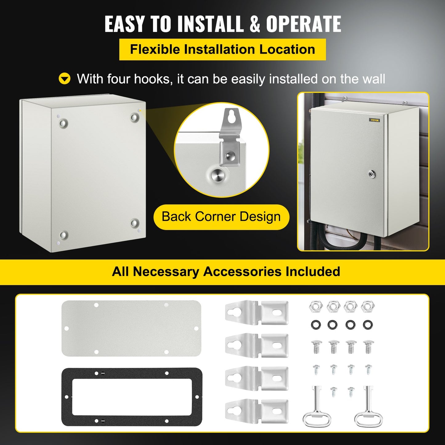 Steel Electrical Box 16'' x 12'' x 8'' Electrical Enclosure Box, Carbon Steel Hinged Junction Box, IP65 V952-DQXJSTCFS40X30X20V0