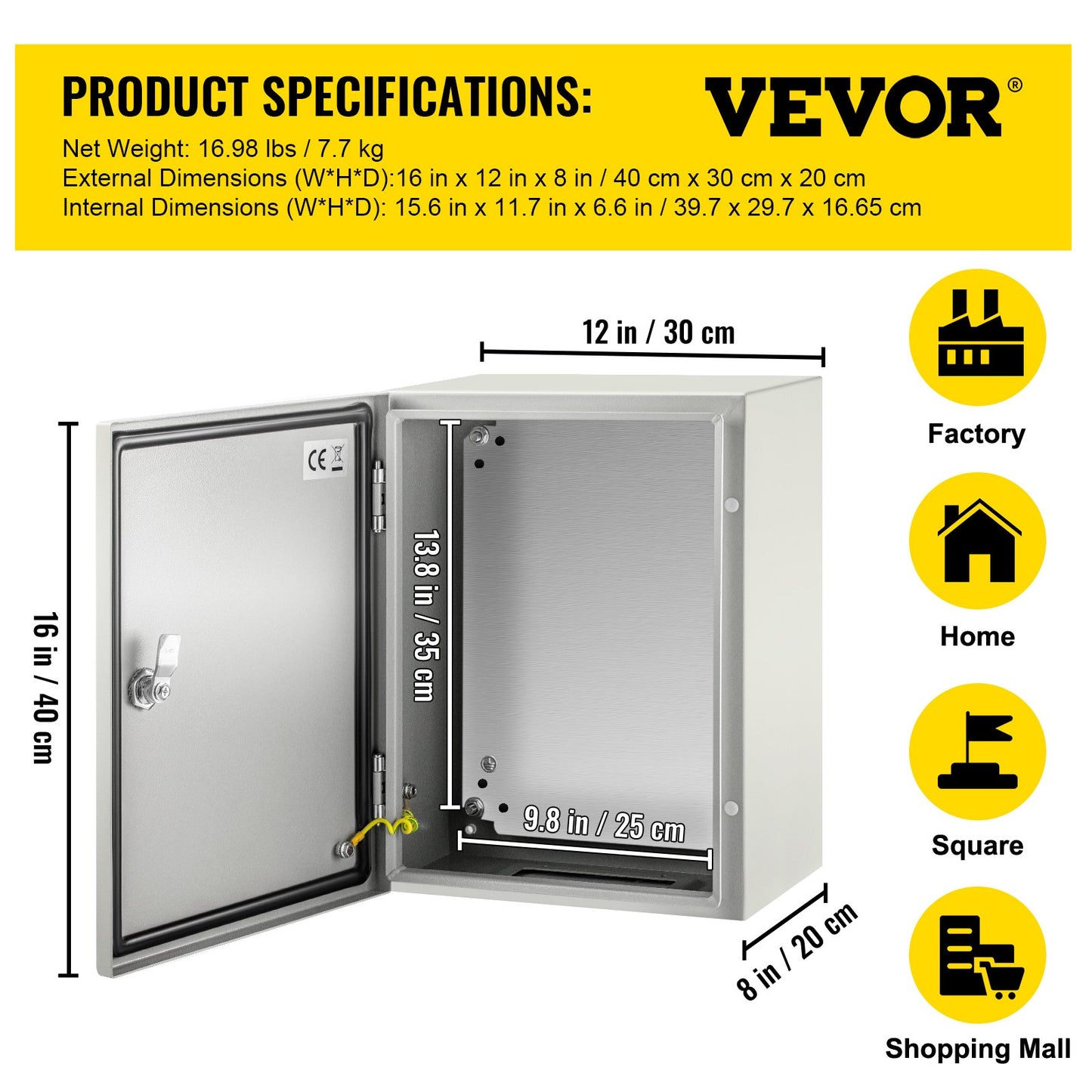 Steel Electrical Box 16'' x 12'' x 8'' Electrical Enclosure Box, Carbon Steel Hinged Junction Box, IP65 V952-DQXJSTCFS40X30X20V0