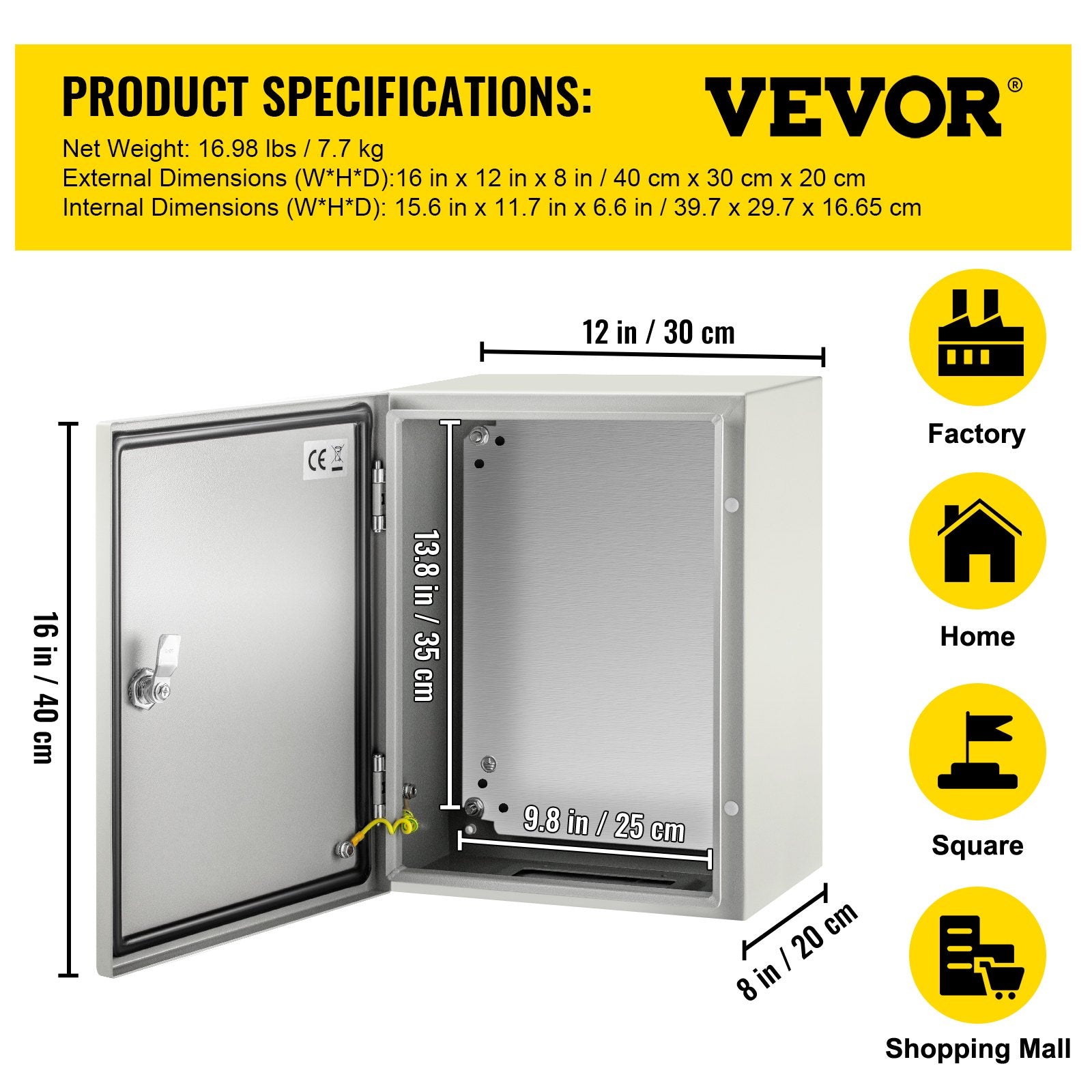 Steel Electrical Box 16'' x 12'' x 8'' Electrical Enclosure Box, Carbon Steel Hinged Junction Box, IP65 V952-DQXJSTCFS40X30X20V0