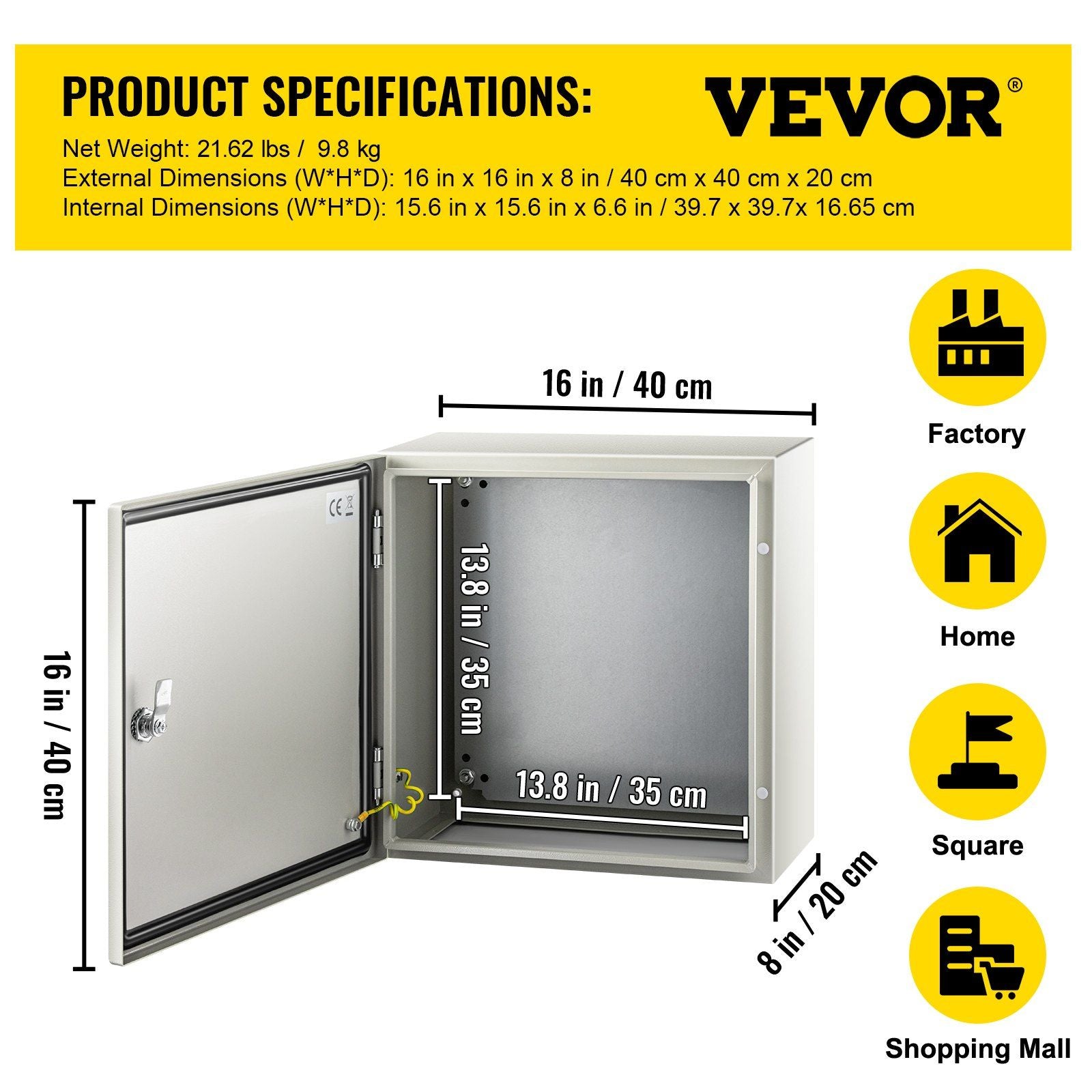 NEMA Steel Enclosure, 16 x 16 x 8\'\' NEMA 4X Steel Electrical Box, IP66 Waterproof & Dustproof, V952-DQXJSTCFS40X40X20V0