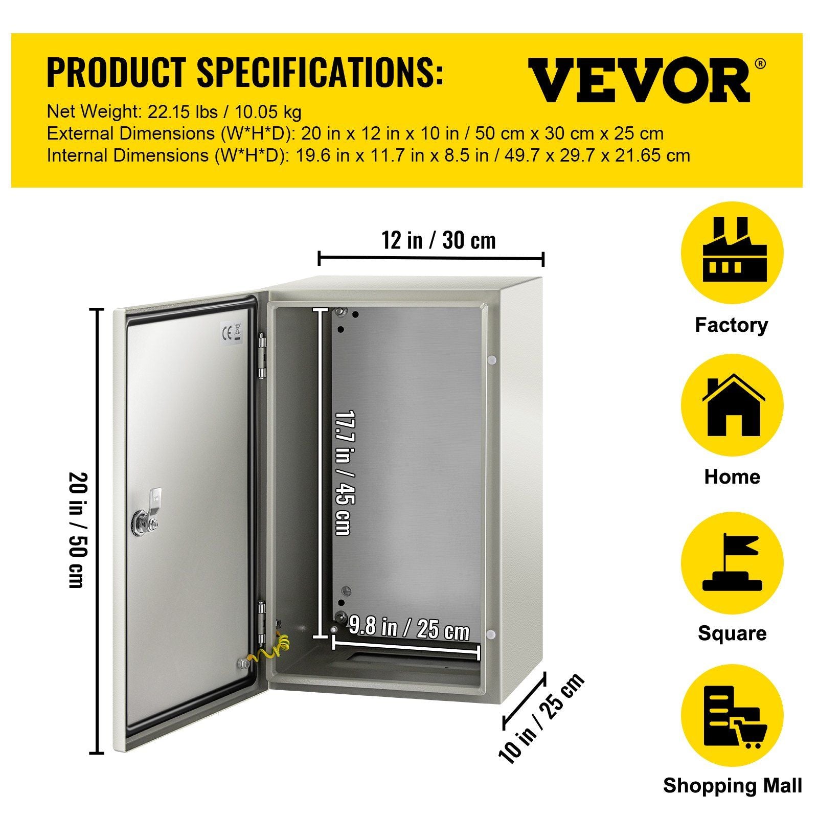 NEMA Steel Enclosure, 20 x 12 x 10\'\' NEMA 4X Steel Electrical Box, IP66 Waterproof & Dustproof, V952-DQXJSTCFS50X30X25V0