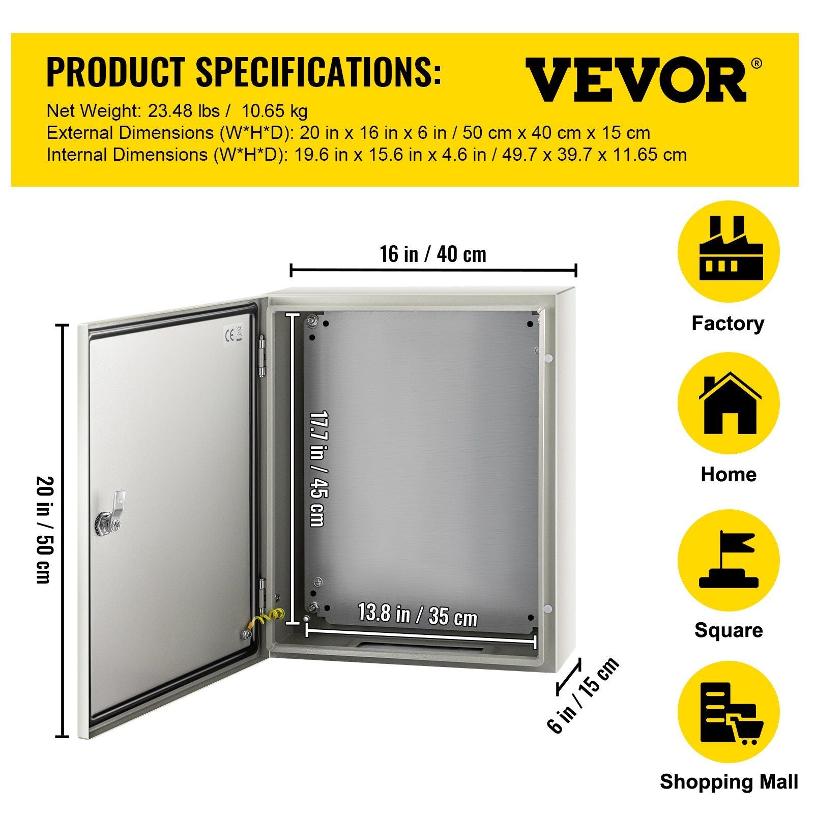 NEMA Steel Enclosure, 50 x 40 x 15 cm NEMA 4X Steel Electrical Box, IP66 Waterproof & Dustproof, V952-DQXJSTCFS50X40X15V0