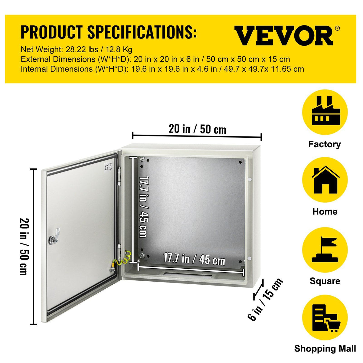 NEMA Steel Enclosure, 20 x 20 x 6\'\' NEMA 4X Steel Electrical Box, IP66 Waterproof & Dustproof, V952-DQXJSTCFS50X50X15V0
