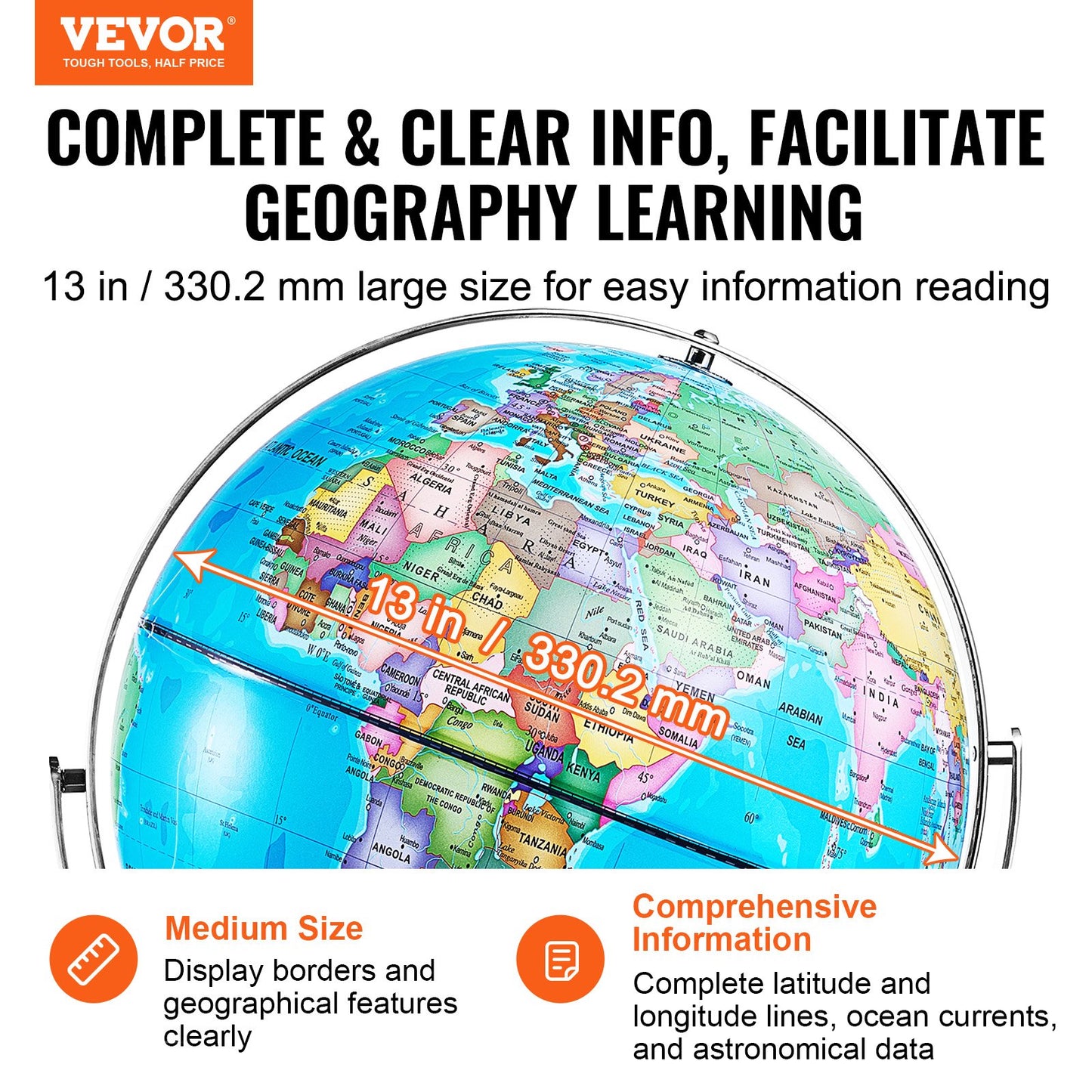 Rotating World Globe with Stand, 330.2 mm, Educational Geographic Globe with Precise Time Zone ABS Material, V952-DQYJJLBFG13Y9FFDEV0