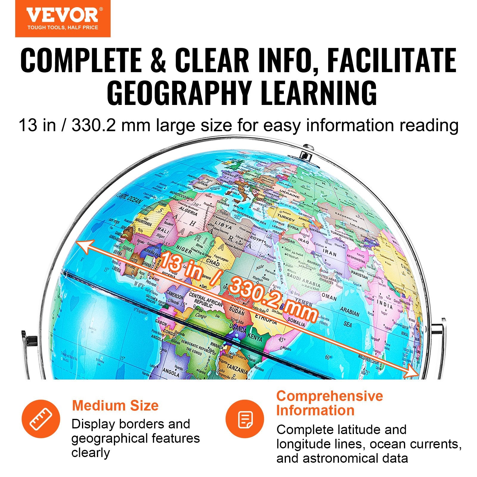 Rotating World Globe with Stand, 330.2 mm, Educational Geographic Globe with Precise Time Zone ABS Material, V952-DQYJJLBFG13Y9FFDEV0