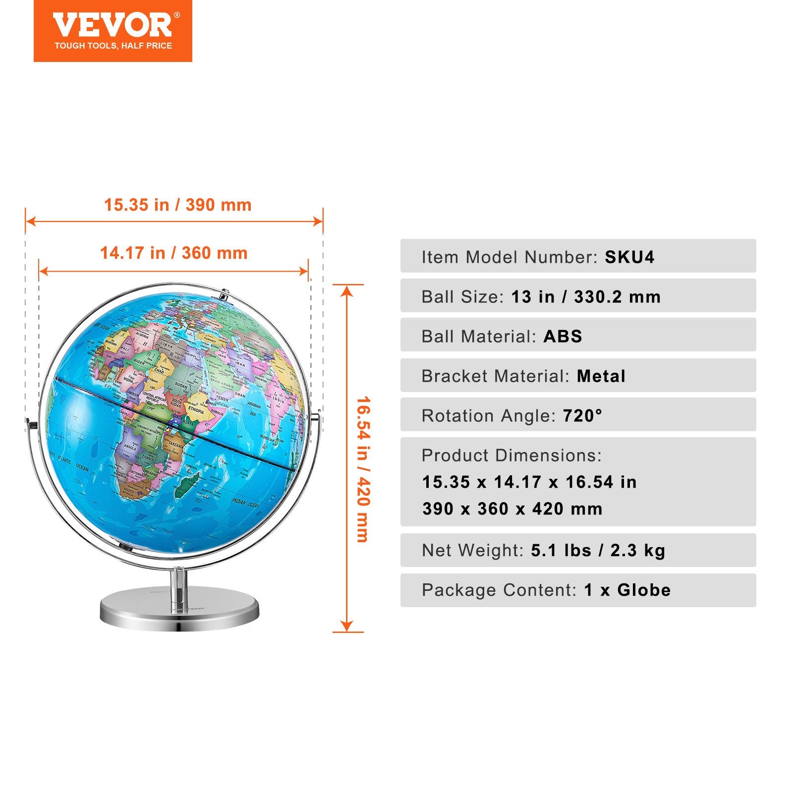 Rotating World Globe with Stand, 330.2 mm, Educational Geographic Globe with Precise Time Zone ABS Material, V952-DQYJJLBFG13Y9FFDEV0
