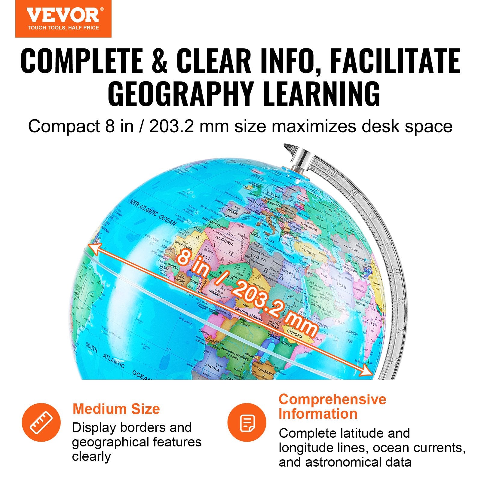 Rotating World Globe with Stand, 203.2 mm, Educational Geographic Globe with Precise Time Zone ABS Material, V952-DQYJJLBFG8YCRYAAZV0