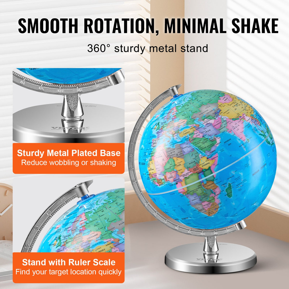Rotating World Globe with Stand, 203.2 mm, Educational Geographic Globe with Precise Time Zone ABS Material, V952-DQYJJLBFG8YCRYAAZV0