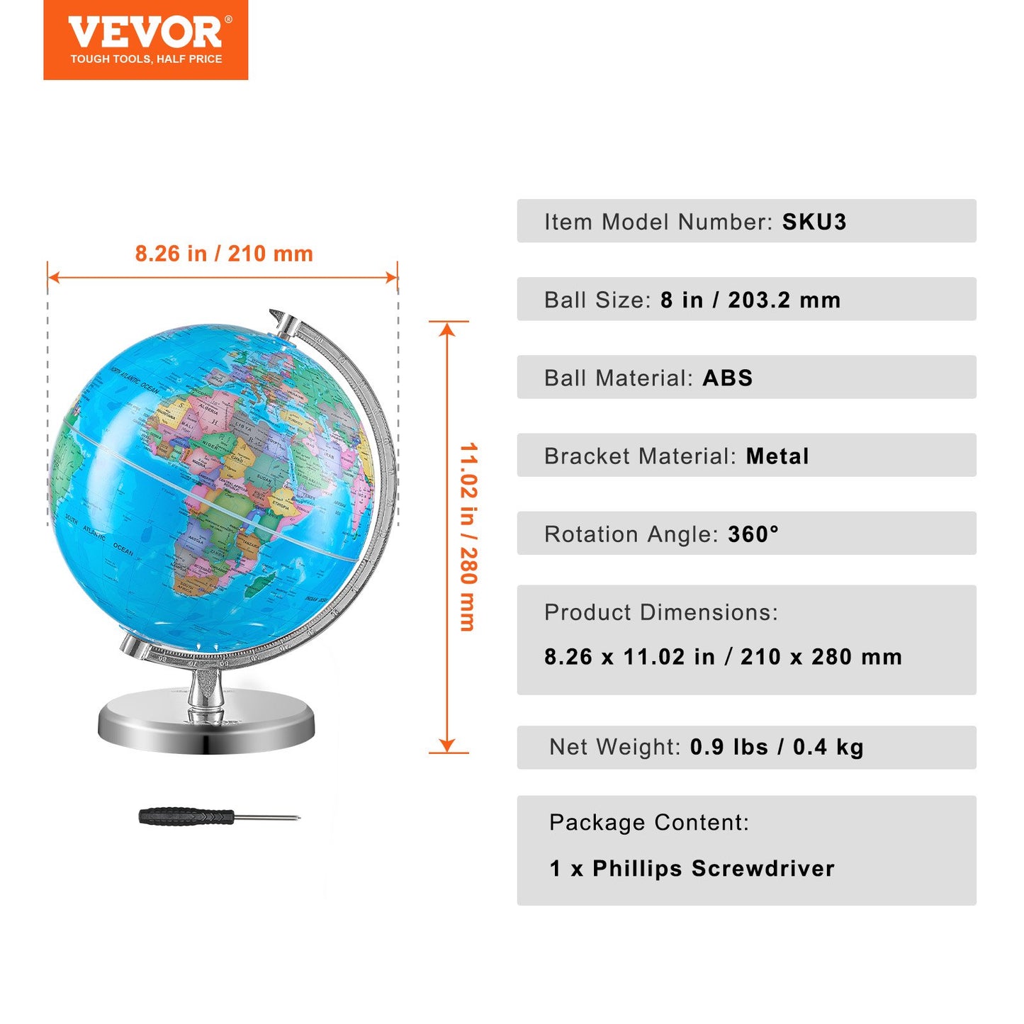 Rotating World Globe with Stand, 203.2 mm, Educational Geographic Globe with Precise Time Zone ABS Material, V952-DQYJJLBFG8YCRYAAZV0